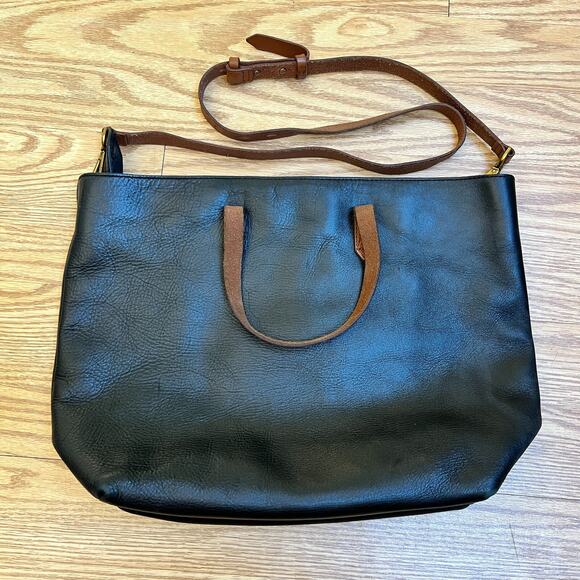 Madewell The Transport Tote Bag Black Brown Handle 100% Leather Zip Top - Picture 1 of 6